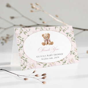 Teddy Bear, Pink Bow, Pink Flowers, Baby Shower Thank You Card