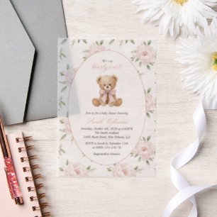 Teddy Bear, Pink Bow, Pink Flowers, Baby Shower Vellum Invitations