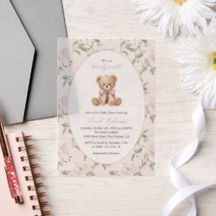 Teddy Bear, Pink Bow, Pink Flowers, Baby Shower Vellum Invitations
