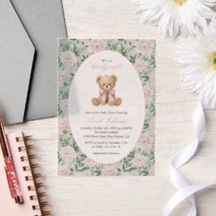 Teddy Bear, Pink Bow, Pink Flowers, Baby Shower Vellum Invitations