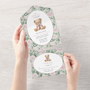 Teddy Bear, Pink Bow, Pink Flowers, First Birthday All In One Invitation
