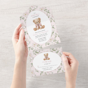 Teddy Bear, Pink Bow, Pink Flowers, First Birthday All In One Invitation