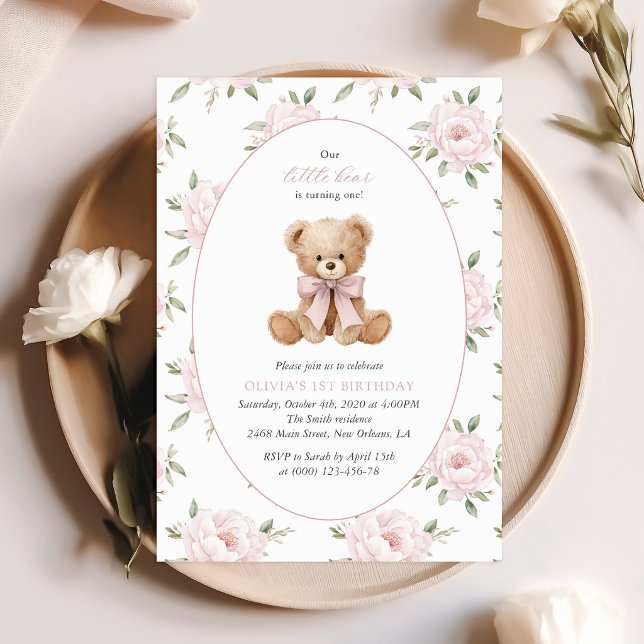 Teddy Bear, Pink Bow, Pink Flowers, First Birthday Invitation (Creator Uploaded)