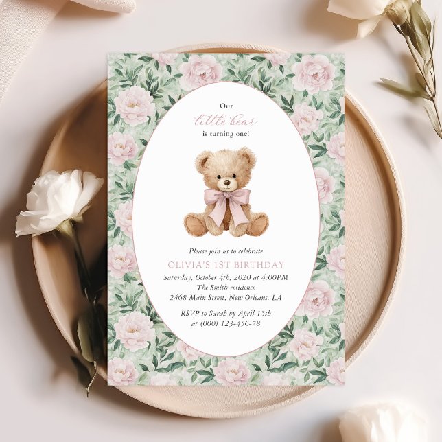 Teddy Bear, Pink Bow, Pink Flowers, First Birthday Invitation (Creator Uploaded)