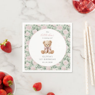 Teddy Bear, Pink Bow, Pink Flowers, First Birthday Napkin