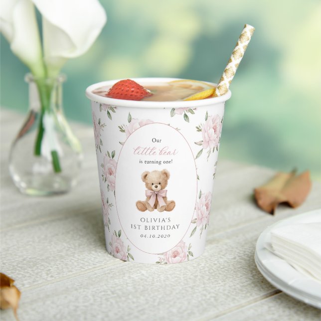 Teddy Bear, Pink Bow, Pink Flowers, First Birthday Paper Cups (Insitu)