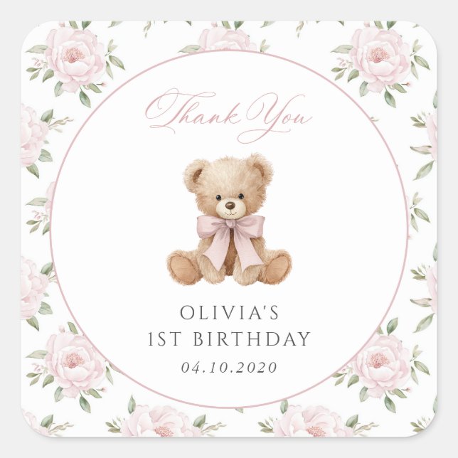 Teddy Bear, Pink Bow, Pink Flowers, First Birthday Square Sticker (Front)