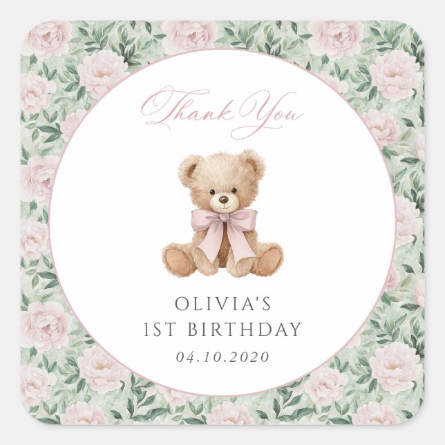 Teddy Bear, Pink Bow, Pink Flowers, First Birthday Square Sticker (Front)