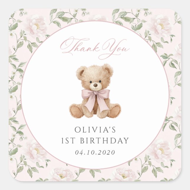 Teddy Bear, Pink Bow, Pink Flowers, First Birthday Square Sticker (Front)