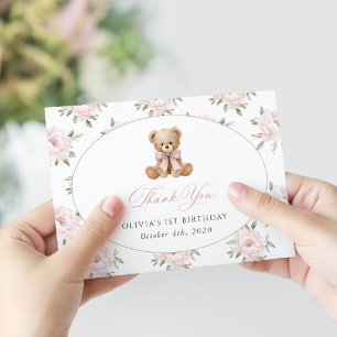 Teddy Bear, Pink Bow, Pink Flowers, First Birthday Thank You Card