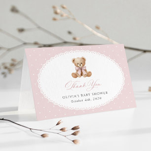 Teddy Bear, Pink Bow, Pink Polka Dots, Baby Shower Thank You Card