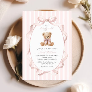 Teddy Bear, Pink Bow, Pink Stripes, Baby Shower Invitation