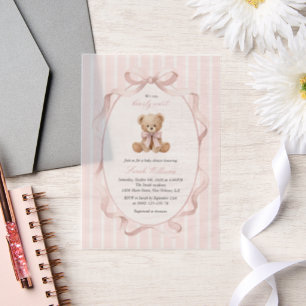 Teddy Bear, Pink Bow, Pink Stripes, Baby Shower Vellum Invitations