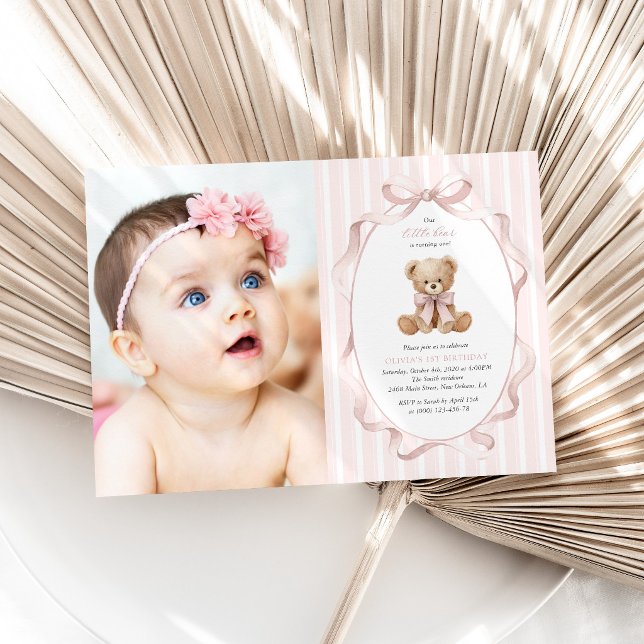 Teddy Bear, Pink Bow, Pink Stripes, First Birthday Invitation (Creator Uploaded)