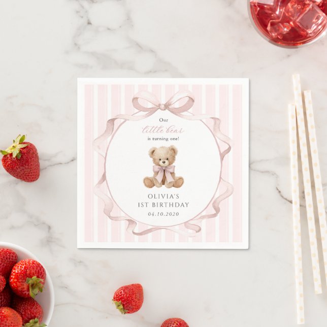 Teddy Bear, Pink Bow, Pink Stripes, First Birthday Napkin (Insitu)