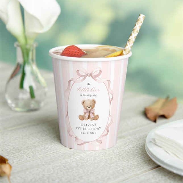 Teddy Bear, Pink Bow, Pink Stripes, First Birthday Paper Cups (Insitu)