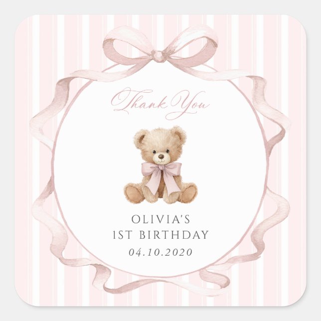 Teddy Bear, Pink Bow, Pink Stripes, First Birthday Square Sticker (Front)