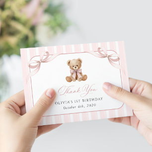Teddy Bear, Pink Bow, Pink Stripes, First Birthday Thank You Card