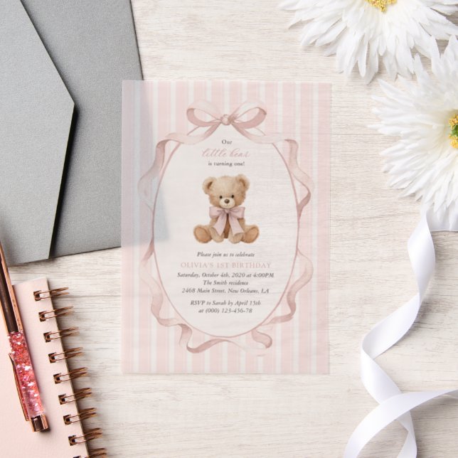 Teddy Bear, Pink Bow, Pink Stripes, First Birthday Vellum Invitations (Wedding)