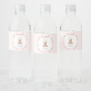 Teddy Bear, Pink Bow, Pink Stripes, First Birthday Water Bottle Label