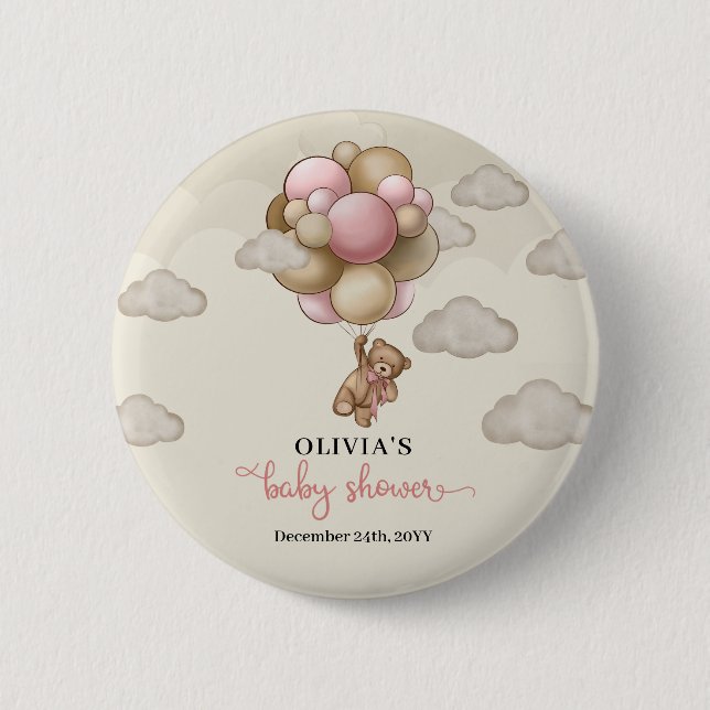 Teddy bear pink brown ivory balloons baby shower 6 cm round badge (Front)