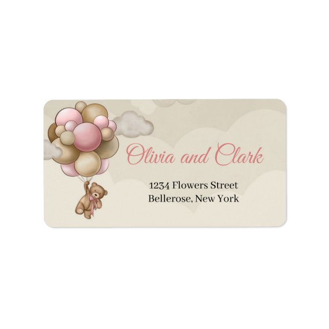 Teddy bear pink brown ivory hot air balloons  label (Front)