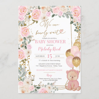 Teddy Bear Pink Floral Balloons Girl Baby Shower Invitation