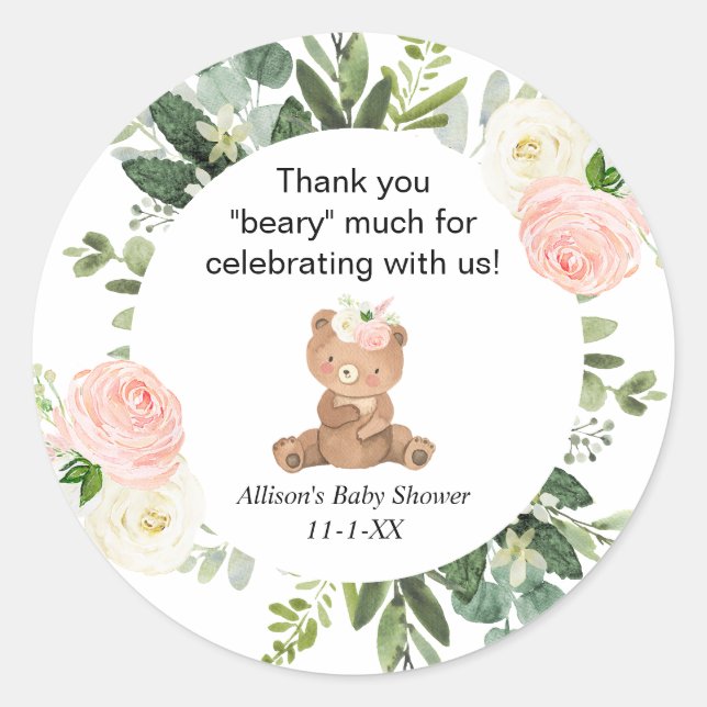Teddy bear pink floral girl baby shower thank you classic round sticker (Front)