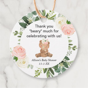 Teddy bear pink floral girl baby shower thank you favour tags