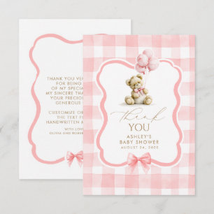 Teddy Bear Pink Gingham Cute Thank You Card