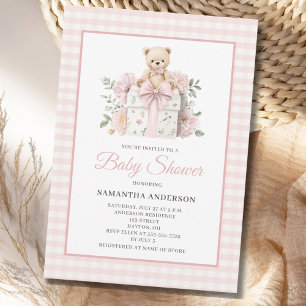 Teddy Bear Pink Gingham Floral Girl Baby Shower Invitation
