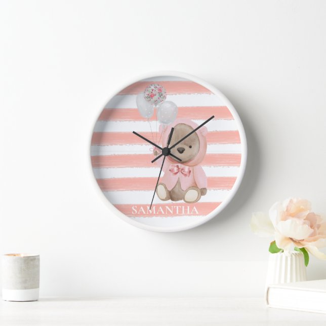 Teddy Bear Pink Girl's Personalised Room Clock (Home)