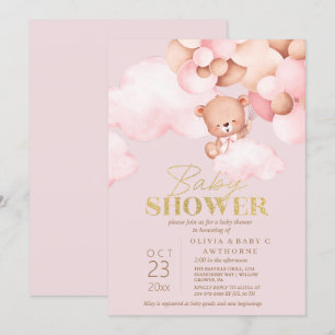 Teddy Bear Pink & Gold Baby Girl Shower Invitation