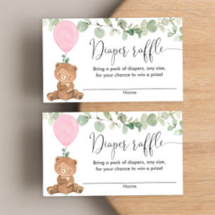 Teddy bear pink greenery girl shower diaper raffle enclosure card