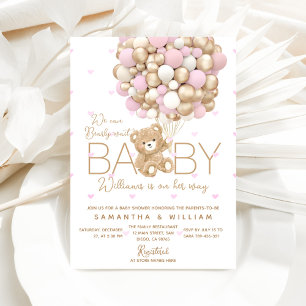Teddy Bear Pink Heart & Balloon Baby Girl Shower Invitation