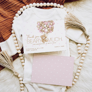 Teddy Bear Pink Heart & Balloon Baby Girl Shower Thank You Card