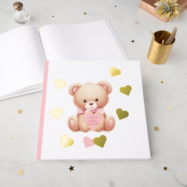 Teddy Bear Pink Hearts Foil Guestbook (Front Open)