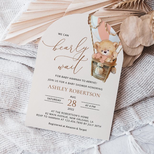 Teddy Bear, Pink Hot Air Balloon, Baby Shower Invitation (Creator Uploaded)