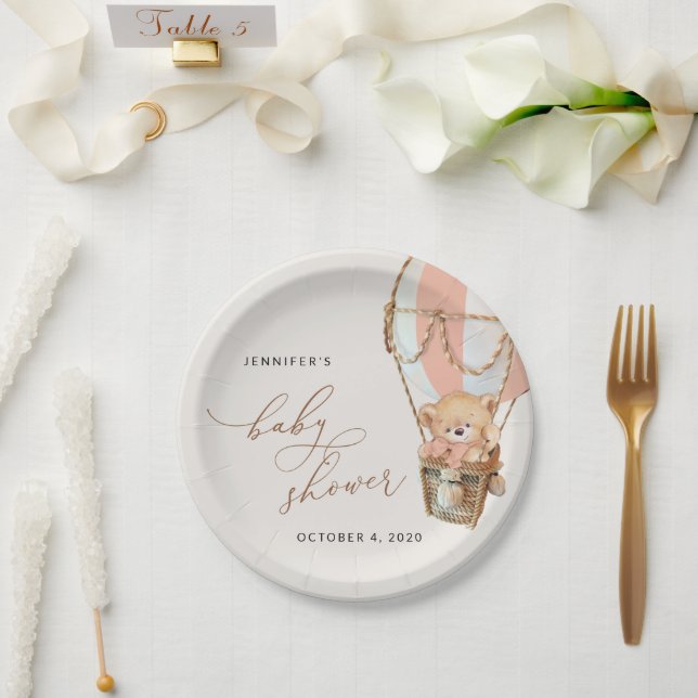 Teddy Bear, Pink Hot Air Balloon, Baby Shower Paper Plate (Wedding)