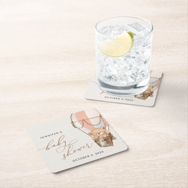 Teddy Bear, Pink Hot Air Balloon, Baby Shower Square Paper Coaster (Insitu)