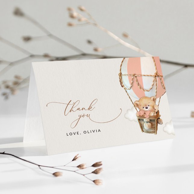 Teddy Bear, Pink Hot Air Balloon, Baby Shower Thank You Card (Creator Uploaded)