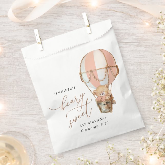 Teddy Bear, Pink Hot Air Balloon, First Birthday Favour Bags (Clipped)