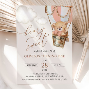 Teddy Bear, Pink Hot Air Balloon, First Birthday Invitation