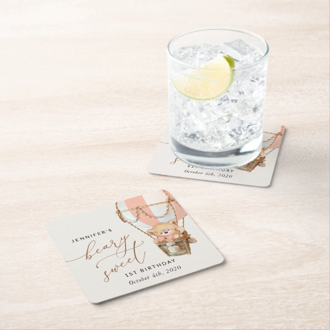 Teddy Bear, Pink Hot Air Balloon, First Birthday Square Paper Coaster (Insitu)