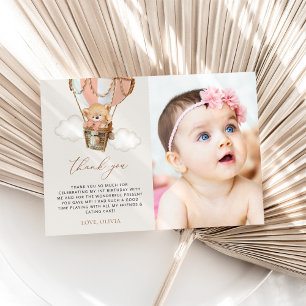 Teddy Bear, Pink Hot Air Balloon, First Birthday Thank You Card