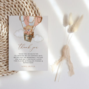 Teddy Bear, Pink Hot Air Balloon, First Birthday Thank You Card