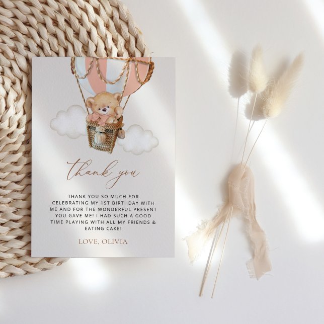 Teddy Bear, Pink Hot Air Balloon, First Birthday Thank You Card (Creator Uploaded)