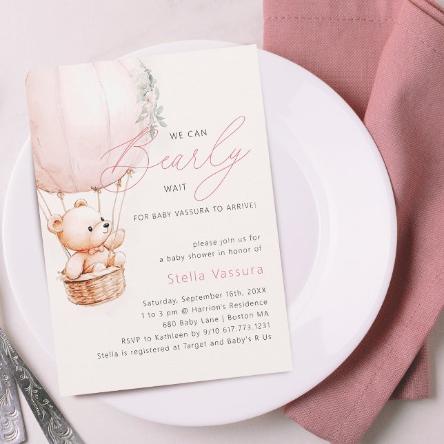 Teddy Bear Pink Hot Air Balloon Girl Baby Shower Invitation (Teddy Bear Pink Hot Air Balloon Girl Baby Shower Invitation)