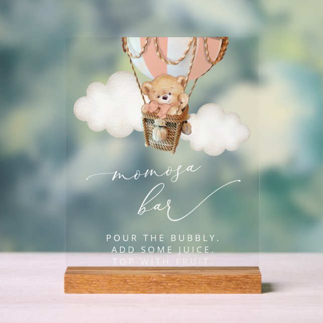 Teddy Bear, Pink Hot Air Balloon, Momosa Bar Acrylic Sign (Neutral)