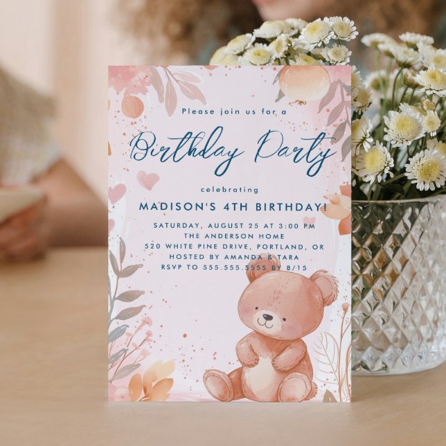 Teddy Bear Pink Kids Birthday Party Invitation (Creator Uploaded)
